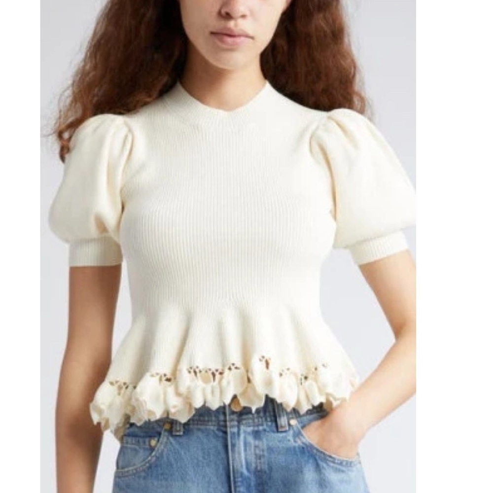 Ulla Johnson Ivory Knit Puff-Sleeve Peplum Top